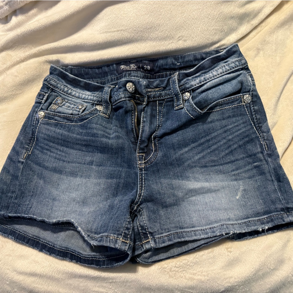 Miss Me Dark Blue Denim Shorts with Rhinestones